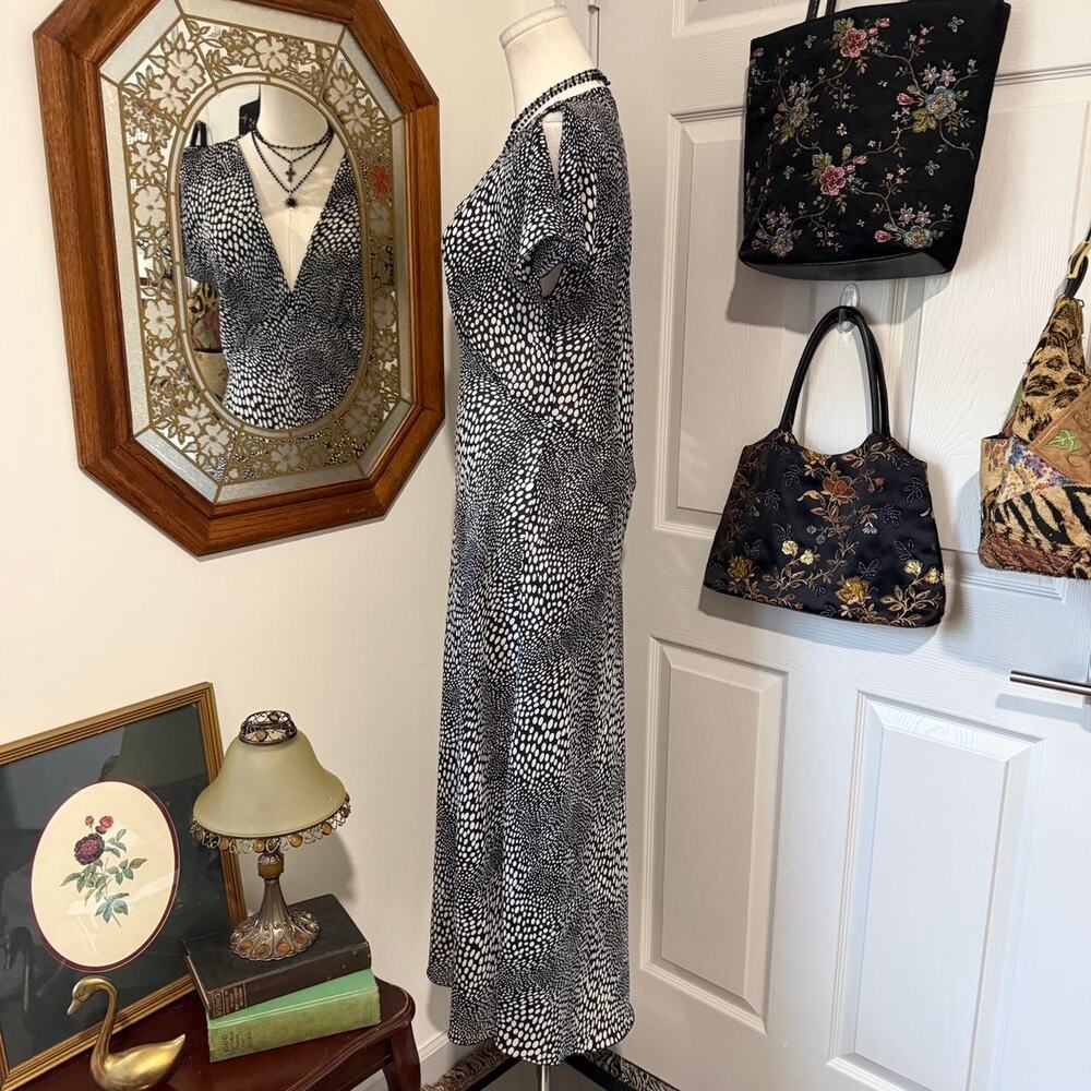 VTG Y2K Lapis Sheer Black & White Dotted Animal Print Flutter Sleeve Midi Dress - Picture 4 of 8